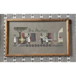 Framed Folk Art Cross Stitch “The Auction” Quilts Amish Country Primitive 19x11